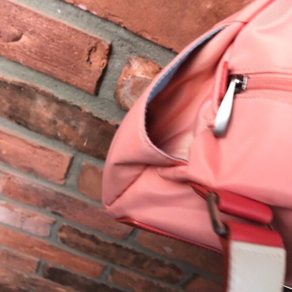 TUMI Nylon Satchel Leather Handles Purse Shoulder Bag Zip Pocket Pink Red Small - Picture 9 of 16